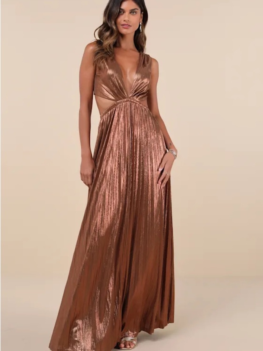 Lulus Metallic Copper Plunging V-Neck Maxi Dress